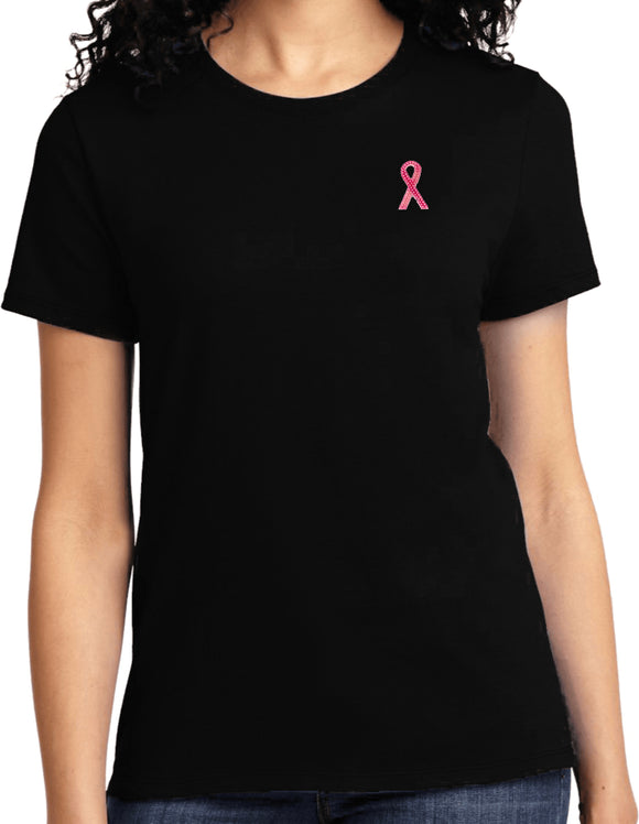 Ladies Breast Cancer T-shirt Sequins Ribbon Pocket Print Tee - Yoga Clothing for You