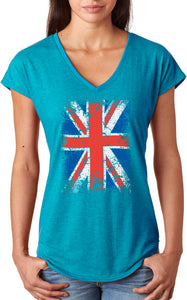 Ladies Union Jack T-shirt Flag Triblend V-Neck - Yoga Clothing for You