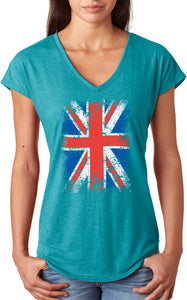 Ladies Union Jack T-shirt Flag Triblend V-Neck - Yoga Clothing for You