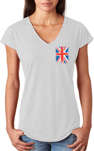 Ladies Union Jack T-shirt Flag Pocket Print Triblend V-Neck - Yoga Clothing for You