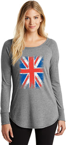 Ladies Union Jack T-shirt Flag Tri Blend Long Sleeve - Yoga Clothing for You