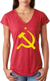 Ladies Soviet Union Tee Yellow Hammer and Sickle Triblend V-Neck - Yoga Clothing for You