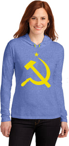 Ladies Soviet Union Tee Yellow Hammer and Sickle Hooded Shirt - Yoga Clothing for You
