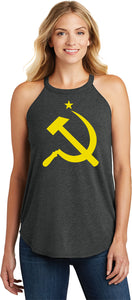 Ladies Soviet Union Yellow Hammer and Sickle Tri Rocker Tank Top - Yoga Clothing for You